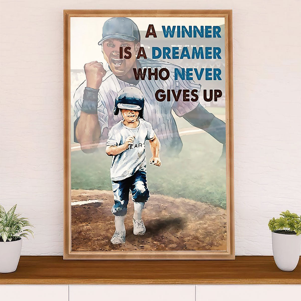 Baseball Canvas Wall Art Prints | Winner Never Gives Up | Home Décor Gift for Baseball Player