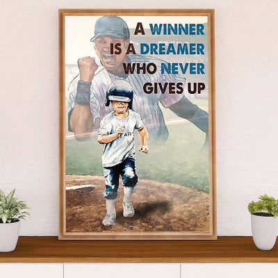 Baseball Canvas Wall Art Prints | Winner Never Gives Up | Home Décor Gift for Baseball Player