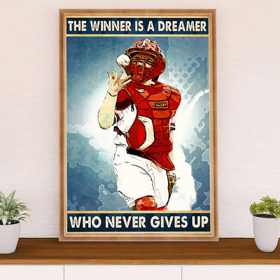 Baseball Canvas Wall Art Prints | Winner Never Gives Up | Home Décor Gift for Baseball Player