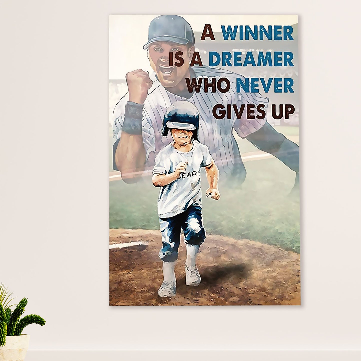 Baseball Canvas Wall Art Prints | Winner Never Gives Up | Home Décor Gift for Baseball Player