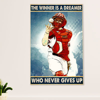 Baseball Canvas Wall Art Prints | Winner Never Gives Up | Home Décor Gift for Baseball Player