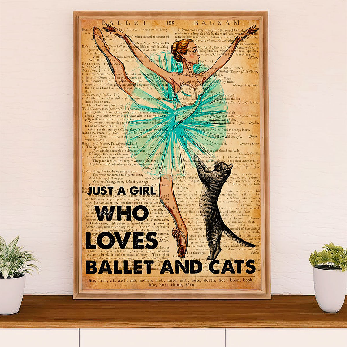 Dancing Ballet Canvas Wall Art Prints | Girl Who Loves Ballet & Cats | Home Décor Gift for Ballet Dancer Ballerinas