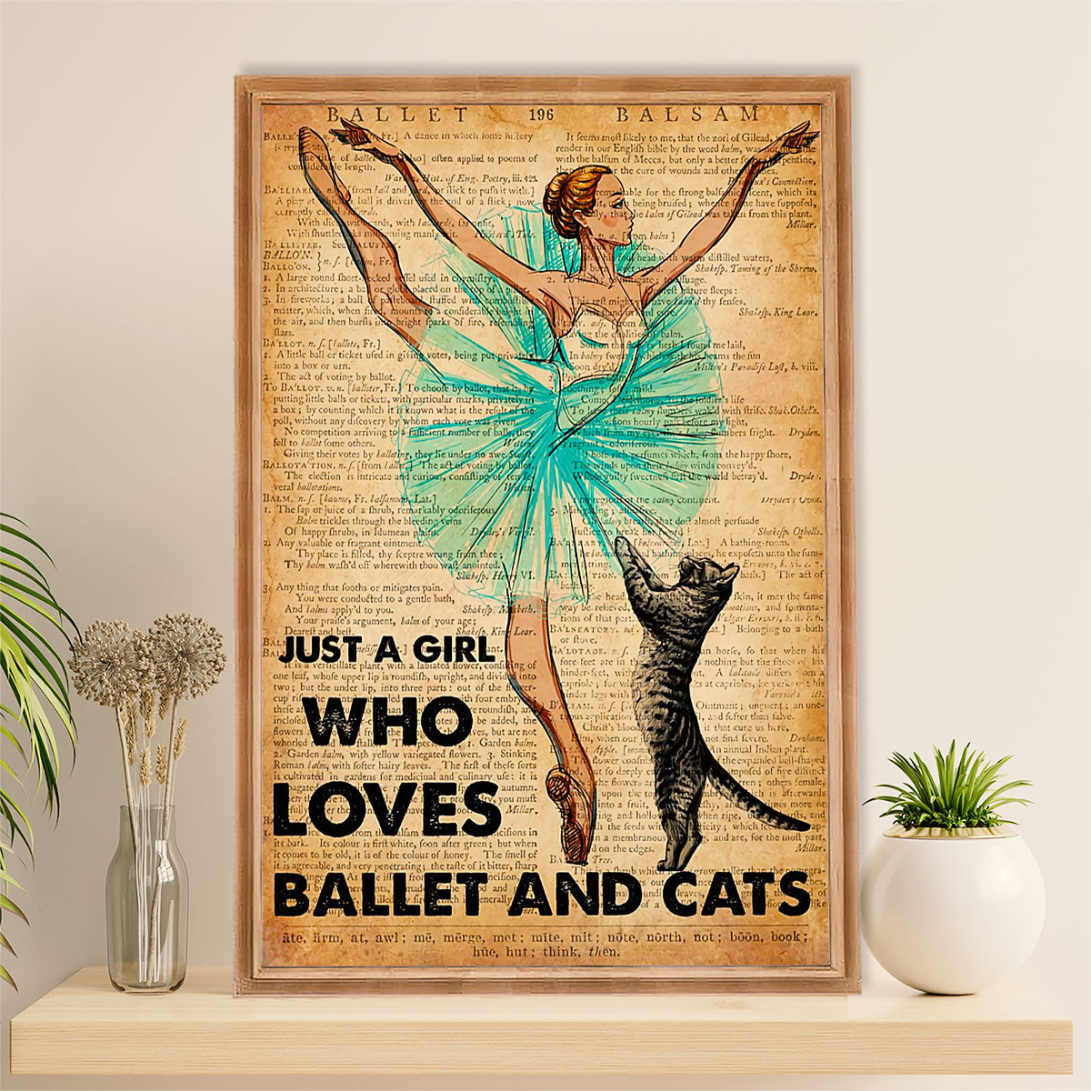 Dancing Ballet Canvas Wall Art Prints | Girl Who Loves Ballet & Cats | Home Décor Gift for Ballet Dancer Ballerinas