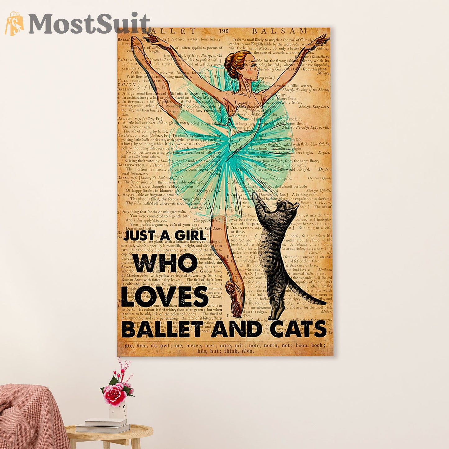 Dancing Ballet Canvas Wall Art Prints | Girl Who Loves Ballet & Cats | Home Décor Gift for Ballet Dancer Ballerinas