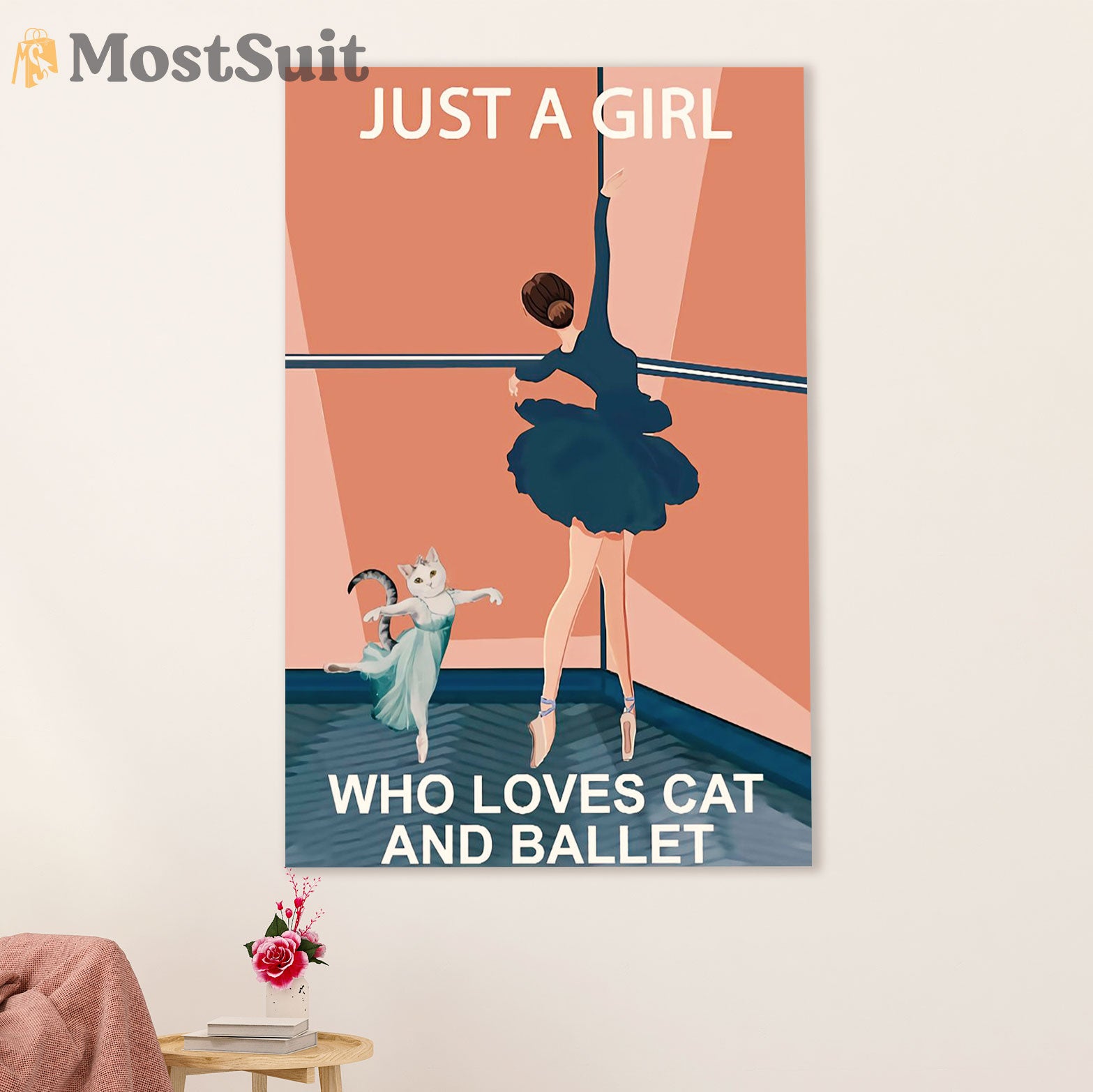 Dancing Ballet Poster Prints | Girl Loves Cat & Ballet | Wall Art Gift for Ballet Dancer Ballerinas