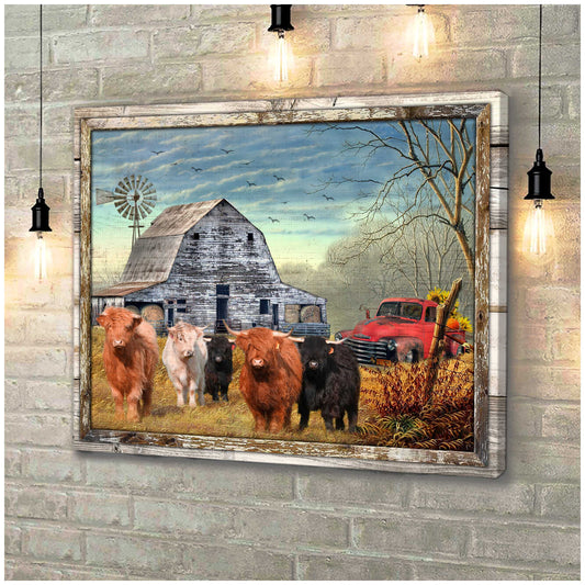 Canvas Prints Beautiful Farmhouse Highland Cattle and Sunflower Pick up Truck Wall Art Decor