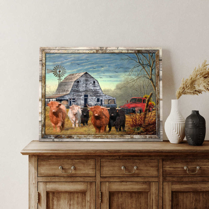 Canvas Poster Prints Beautiful Farmhouse Highland Cattle and Sunflower Pick up Truck Wall Art Decor