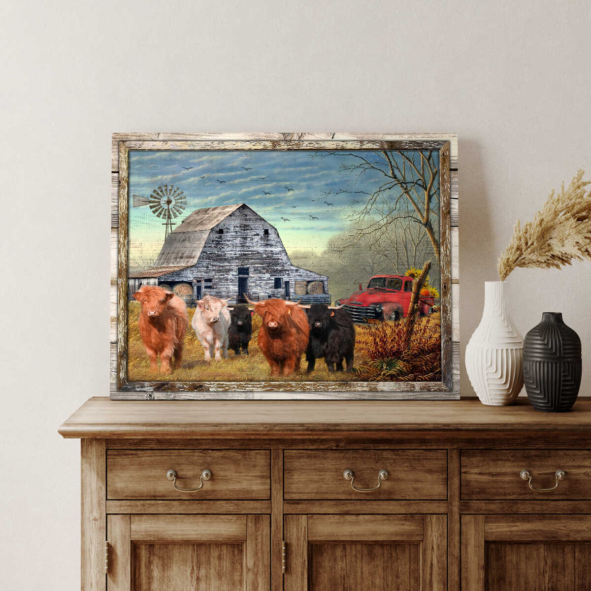 Canvas Poster Prints Beautiful Farmhouse Highland Cattle and Sunflower Pick up Truck Wall Art Decor