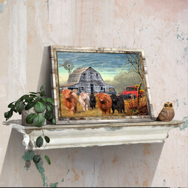 Canvas Poster Prints Beautiful Farmhouse Highland Cattle and Sunflower Pick up Truck Wall Art Decor