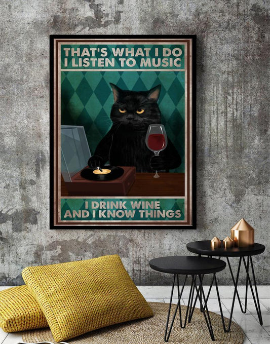 Prints Canvas Gift for Loves Cat Black Cat Listen To Music Drink Wine Gifts Vintage Home Wall Decor Canvas - Mostsuit