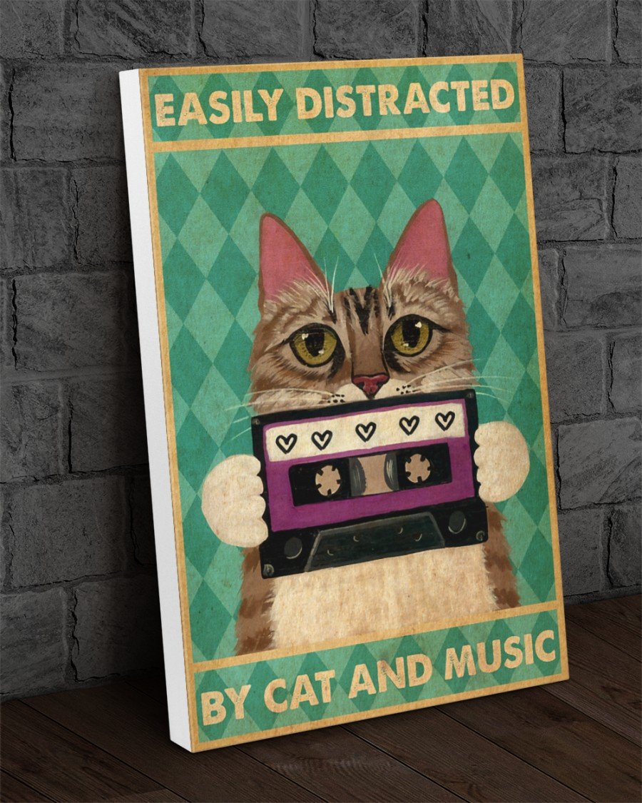 Canvas Prints Easily Distracted By Cat And Music Birthday Gift Vintage Home Wall Decor Canvas - Mostsuit