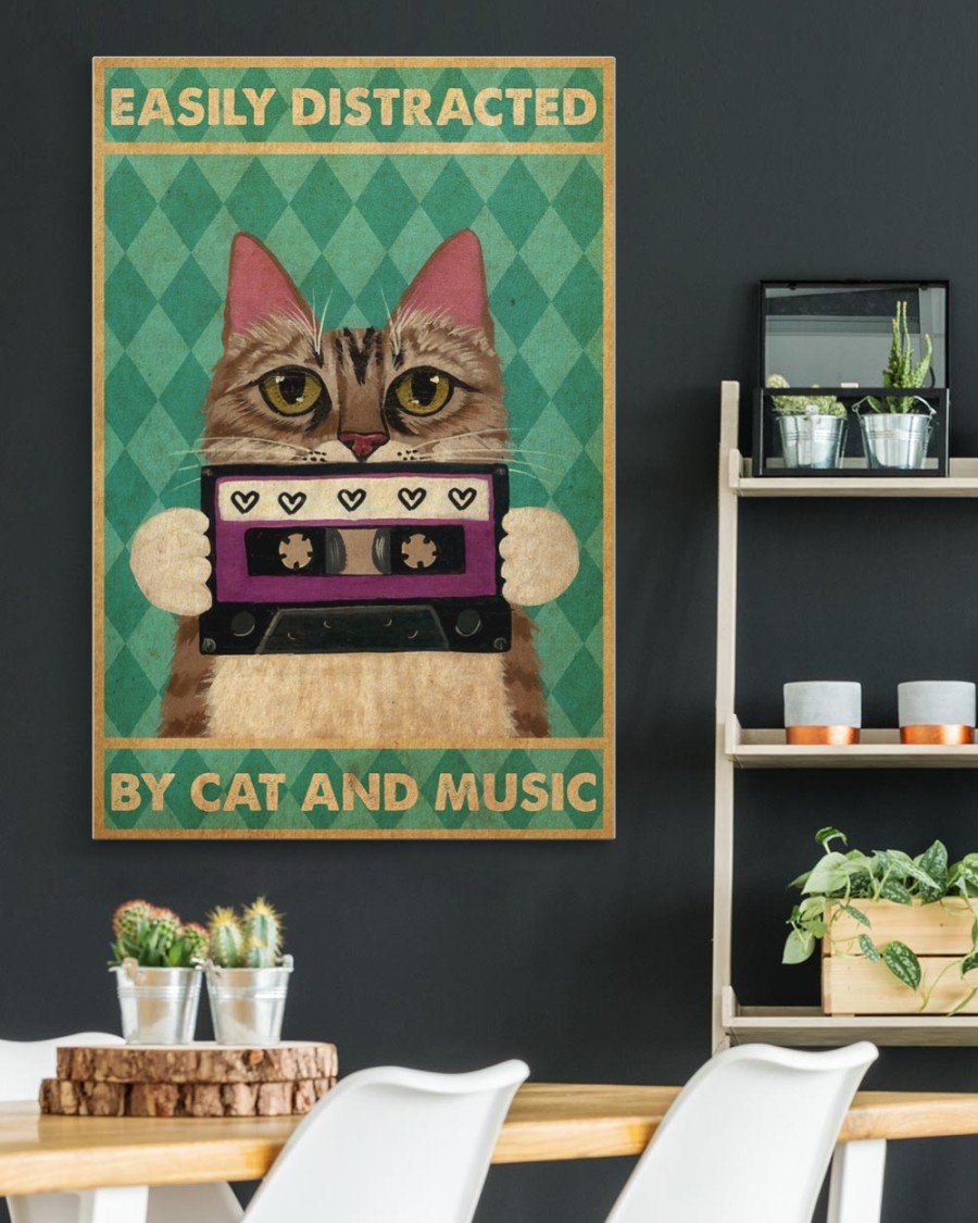 Canvas Prints Easily Distracted By Cat And Music Birthday Gift Vintage Home Wall Decor Canvas - Mostsuit