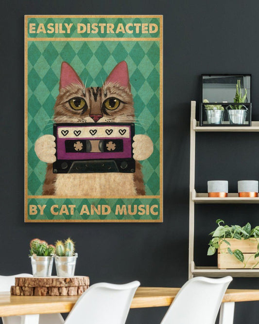 Canvas Prints Easily Distracted By Cat And Music Birthday Gift Vintage Home Wall Decor Canvas - Mostsuit