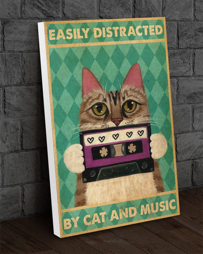 Canvas Prints Easily Distracted By Cat And Music Birthday Gift Vintage Home Wall Decor Canvas - Mostsuit