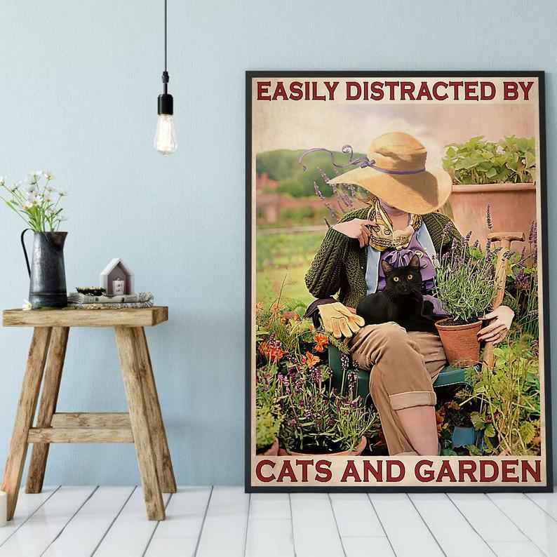 Personalized Photo Canvas Prints Easily Distracted By Cats and Garden Birthday Gift Vintage Home Wall Decor Canvas - Mostsuit
