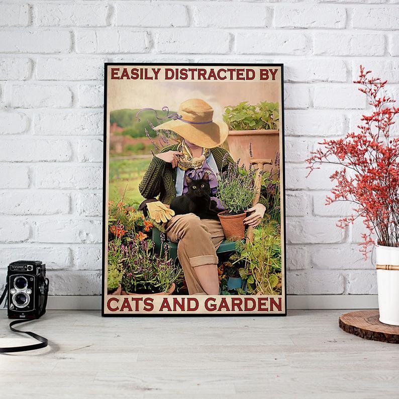 Personalized Photo Canvas Prints Easily Distracted By Cats and Garden Birthday Gift Vintage Home Wall Decor Canvas - Mostsuit