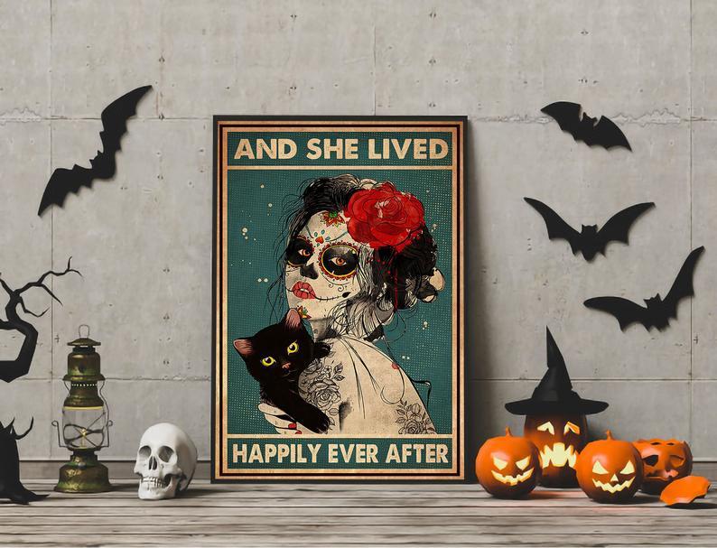 Canvas Prints Gift for Cat Lovers And She Lived Happily Ever After Birthday Gift Vintage Home Wall Decor Canvas - Mostsuit