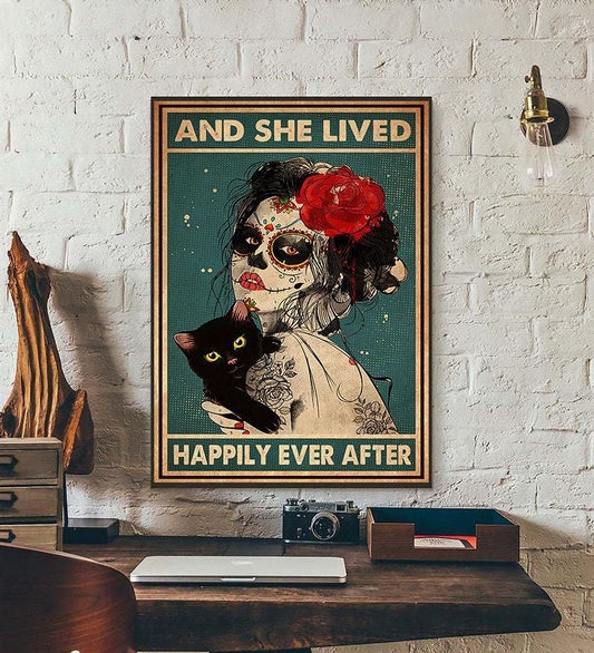 Canvas Prints Gift for Cat Lovers And She Lived Happily Ever After Birthday Gift Vintage Home Wall Decor Canvas - Mostsuit