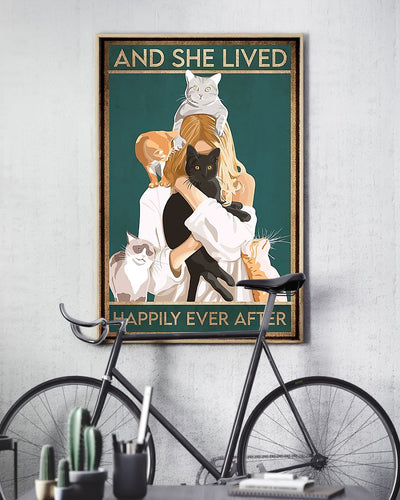 Canvas Prints Gift for Cat Lovers And She Lived Happily Ever After Birthday Gift Vintage Home Wall Decor Canvas - Mostsuit