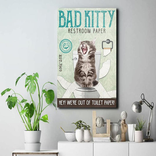 Personalized Canvas Prints Gift for Cat Lovers Bad Kitty Restroom Paper Birthday Gift Vintage Home Wall Decor Canvas - Mostsuit