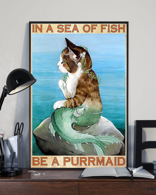 Mermaid Cat Canvas Prints Gift for Cat Lovers Be A Purrmaid Wall Art Living Room Gifts Vintage Home Wall Decor Canvas - Mostsuit