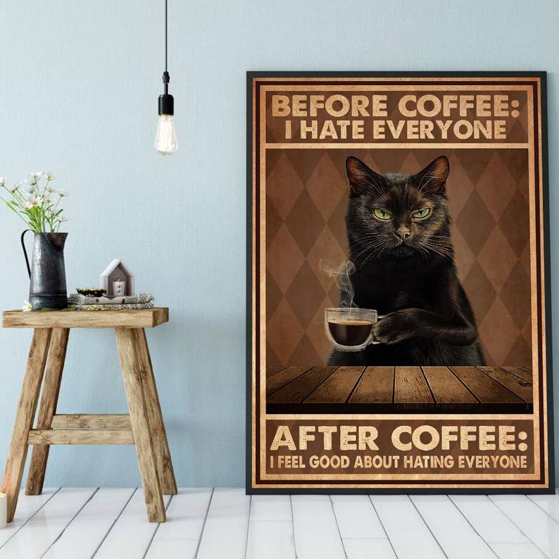 Personalized Photo and Text Canvas Prints Gift for Lovers Black Cat Coffee Birthday Gift Vintage Home Wall Decor Canvas - Mostsuit