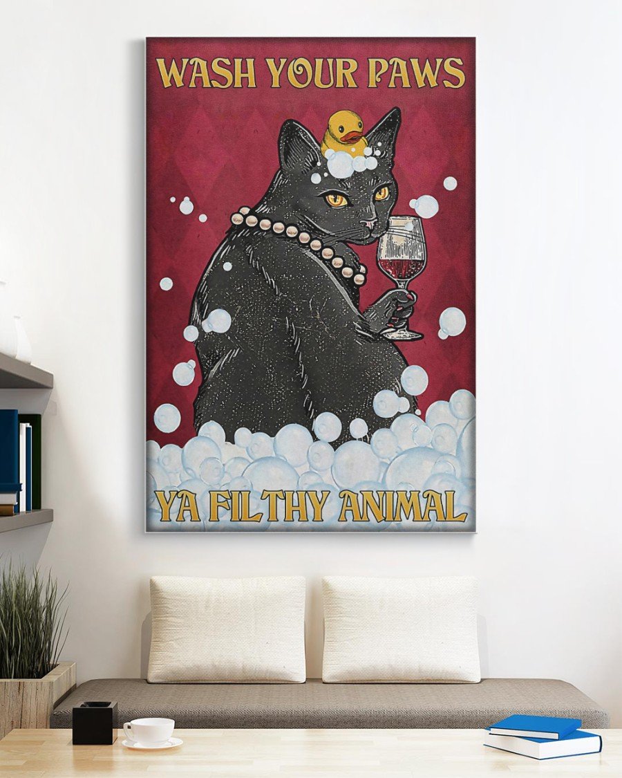 Canvas Prints Gift for Cat Lovers Black Cat Wine Wash Your Paws Birthday Gift Vintage Home Wall Decor Canvas - Mostsuit