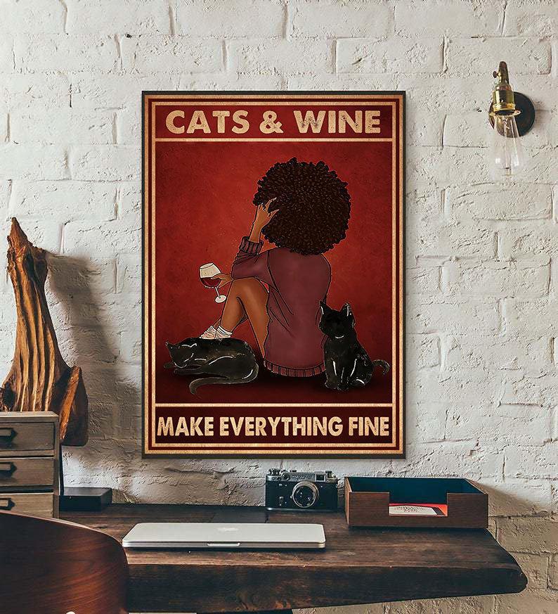Canvas Prints Gift for Cat Lovers Cats And Wine Make Everything Gift Vintage Home Wall Decor Canvas - Mostsuit