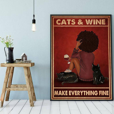 Canvas Prints Gift for Cat Lovers Cats And Wine Make Everything Gift Vintage Home Wall Decor Canvas - Mostsuit