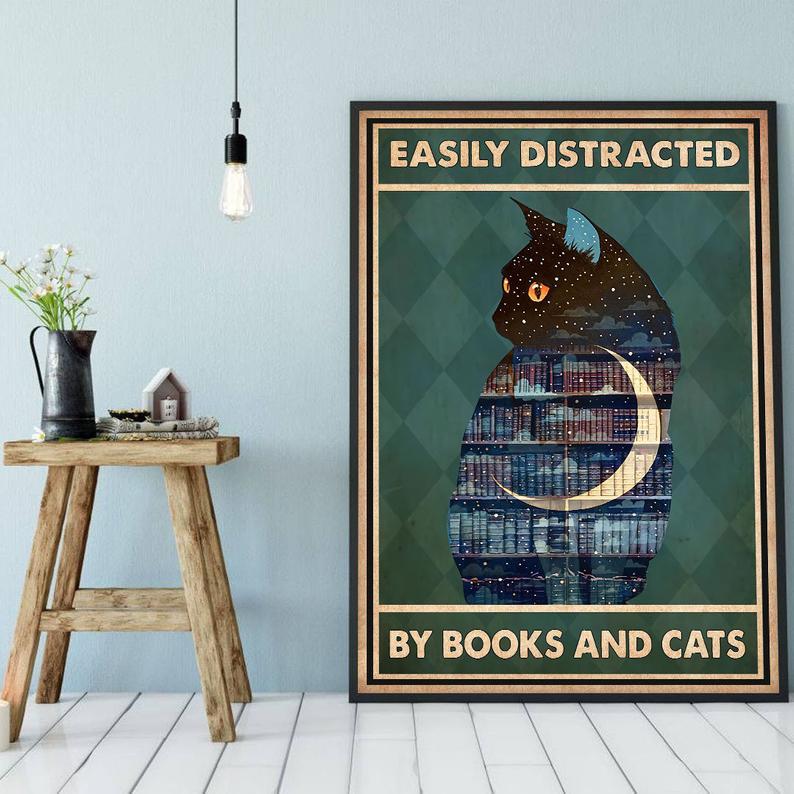 Canvas Prints Gift for Cat Lovers Easily Distracted By Books and Cats Gift Vintage Home Wall Decor Canvas - Mostsuit