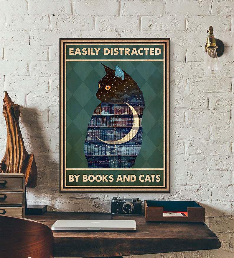 Canvas Prints Gift for Cat Lovers Easily Distracted By Books and Cats Gift Vintage Home Wall Decor Canvas - Mostsuit