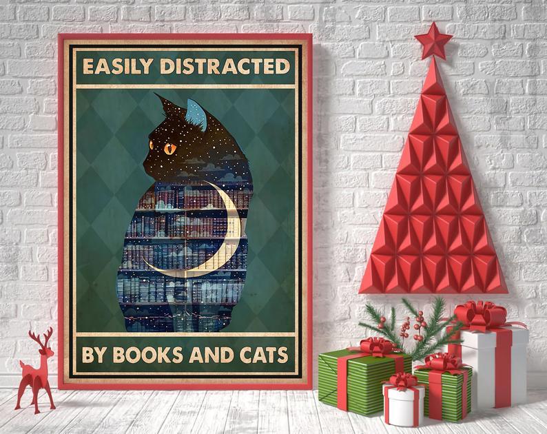 Canvas Prints Gift for Cat Lovers Easily Distracted By Books and Cats Gift Vintage Home Wall Decor Canvas - Mostsuit