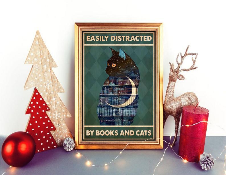 Canvas Prints Gift for Cat Lovers Easily Distracted By Books and Cats Gift Vintage Home Wall Decor Canvas - Mostsuit