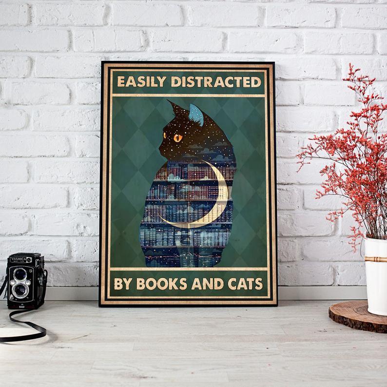 Canvas Prints Gift for Cat Lovers Easily Distracted By Books and Cats Gift Vintage Home Wall Decor Canvas - Mostsuit