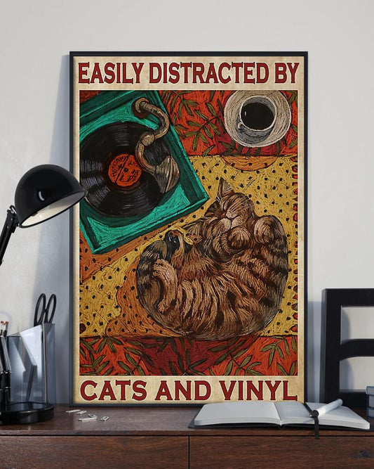 Canvas Prints Gift for Cat Lovers Easily Distracted By Cat and Vinyl Birthday Gift Vintage Home Wall Decor Canvas - Mostsuit