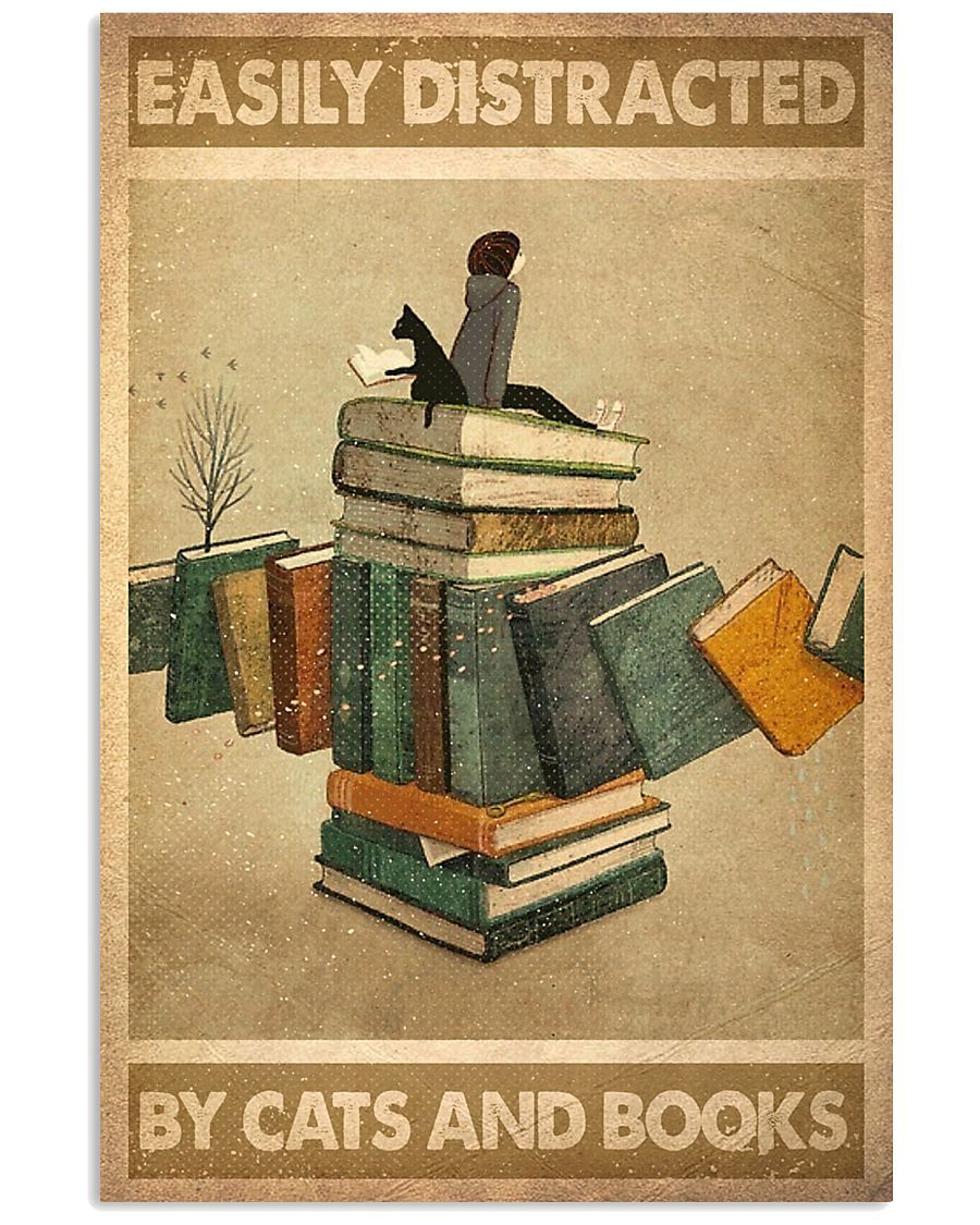 Canvas Prints Gift for Cat Lovers Easily Distracted By Cats And Books Birthday Gift Vintage Home Wall Decor Canvas - Mostsuit