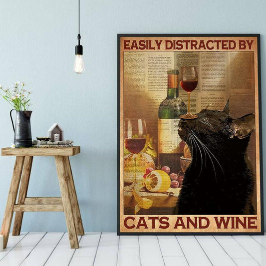 Canvas Prints Gift for Cat Lovers Easily Distracted By Cats and Wine Gift Vintage Home Wall Decor Canvas - Mostsuit