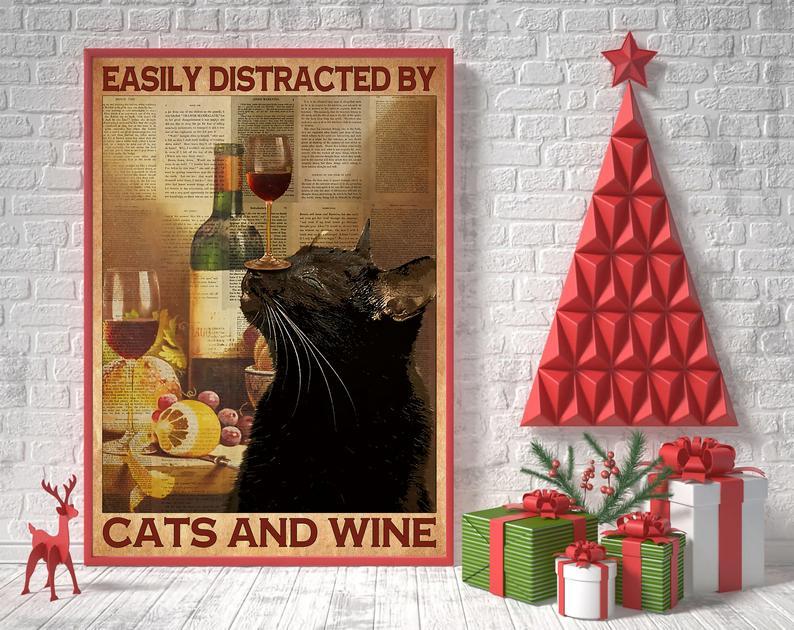 Canvas Prints Gift for Cat Lovers Easily Distracted By Cats and Wine Gift Vintage Home Wall Decor Canvas - Mostsuit