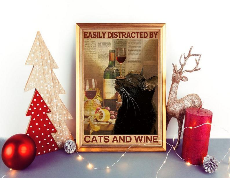 Canvas Prints Gift for Cat Lovers Easily Distracted By Cats and Wine Gift Vintage Home Wall Decor Canvas - Mostsuit