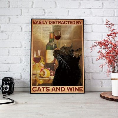 Canvas Prints Gift for Cat Lovers Easily Distracted By Cats and Wine Gift Vintage Home Wall Decor Canvas - Mostsuit