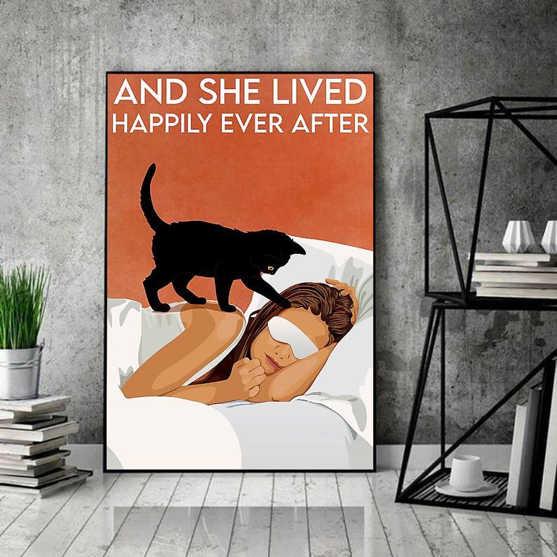 Canvas Prints Gift for Cat Lovers Girl And Black Cat, And She Lived Happily Ever After Birthday Gift Vintage Home Wall Decor Canvas - Mostsuit