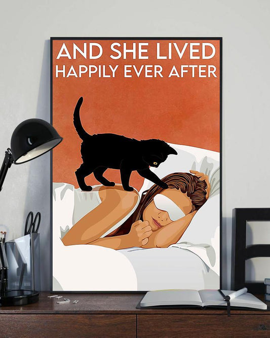 Canvas Prints Gift for Cat Lovers Girl And Black Cat, And She Lived Happily Ever After Birthday Gift Vintage Home Wall Decor Canvas - Mostsuit