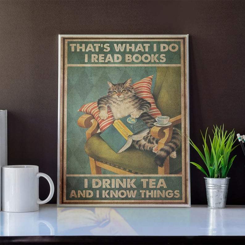 Canvas Prints Gift for Cat Lovers I Read Books and I Know Things Gift Vintage Home Wall Decor Canvas - Mostsuit