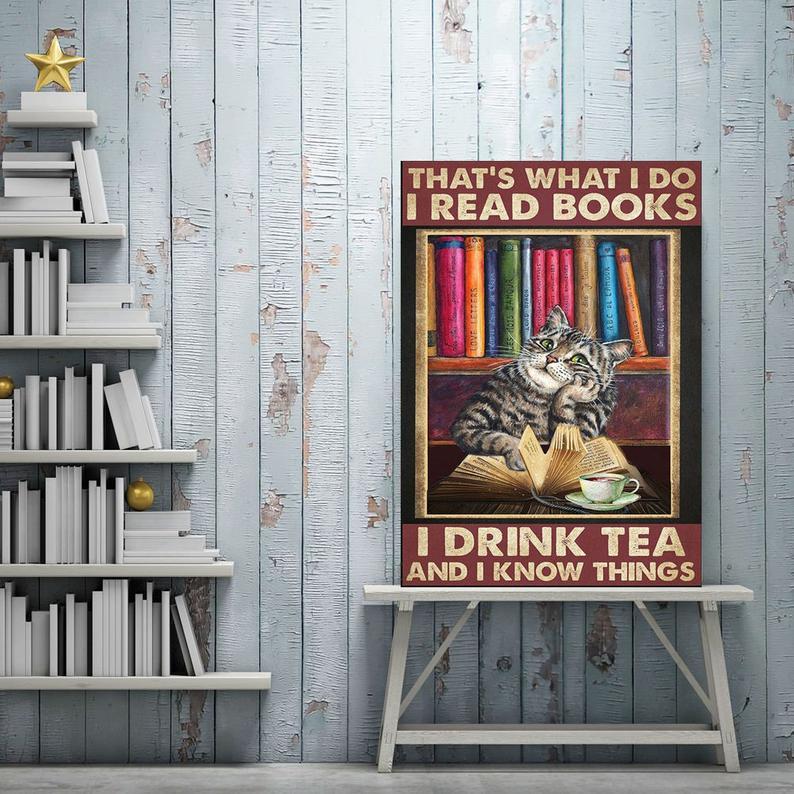 Personalized Photo and Text Canvas Prints Gift for Cat Lovers Read Book Birthday Gift Vintage Home Wall Decor Canvas - Mostsuit