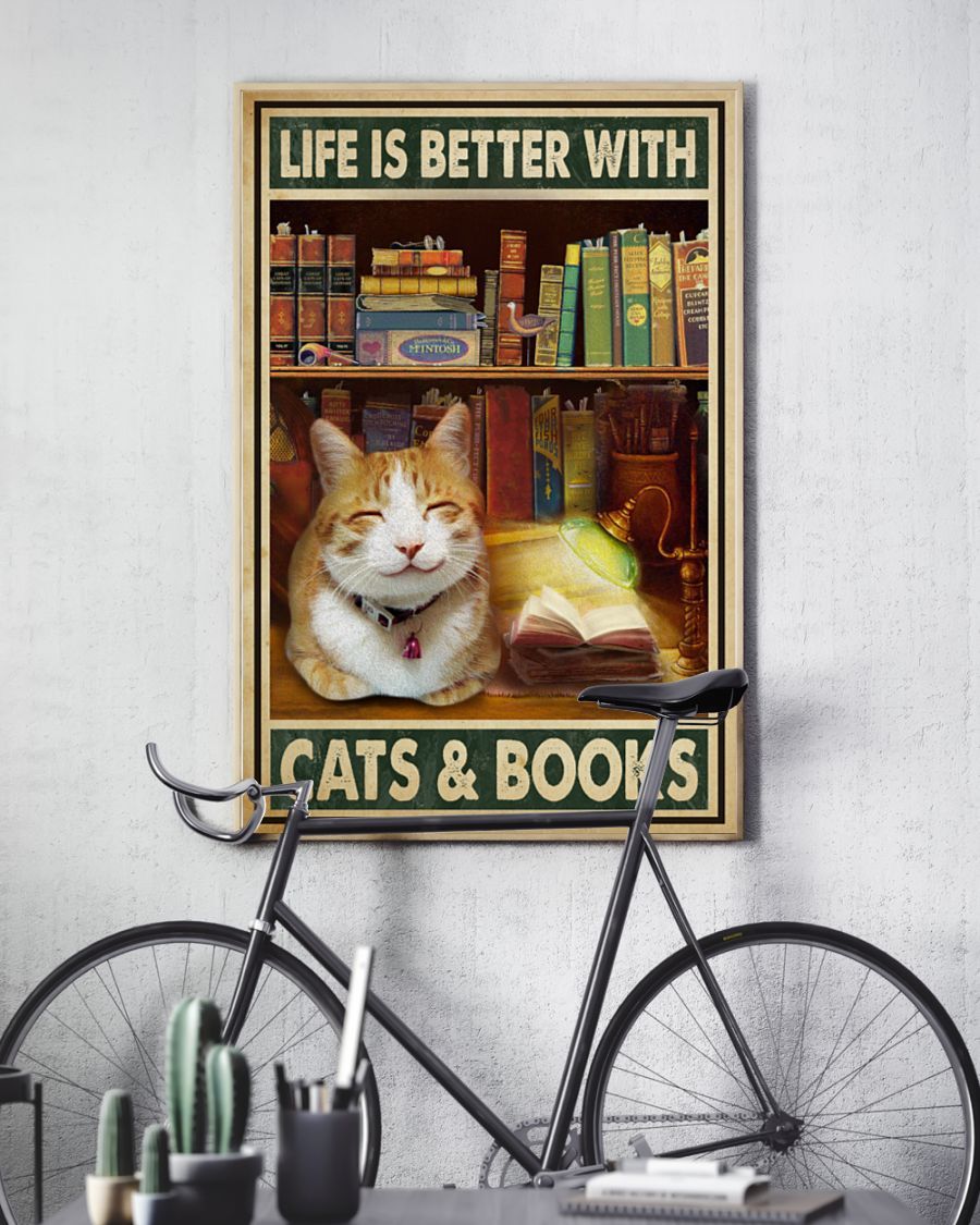 Personalized Photo Canvas Prints Gift for Cat Lovers Reading - Life Is Better With Cats And Books Birthday Gift Vintage Home Wall Decor Canvas - Mostsuit