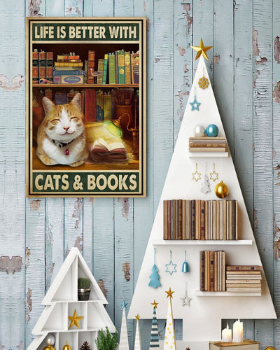 Personalized Photo Canvas Prints Gift for Cat Lovers Reading - Life Is Better With Cats And Books Birthday Gift Vintage Home Wall Decor Canvas - Mostsuit