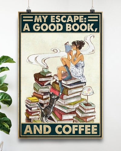 Books Coffee Cats Loves Girl Canvas Prints My Escape A Good Book Coffee Vintage Wall Art Gift Vintage Home Wall Decor Canvas - Mostsuit