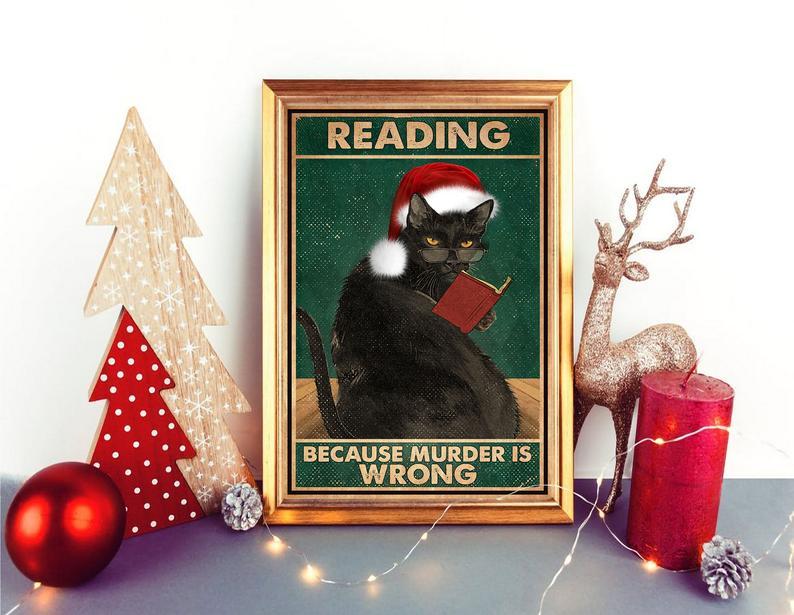 Personalized Photo Canvas Prints Gift for Cat Lovers Reading Because Murder Is Wrong Gift Vintage Home Wall Decor Canvas - Mostsuit