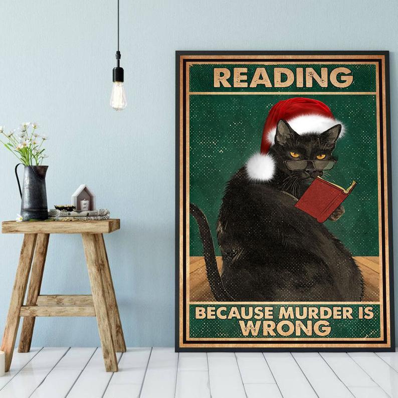Personalized Photo Canvas Prints Gift for Cat Lovers Reading Because Murder Is Wrong Gift Vintage Home Wall Decor Canvas - Mostsuit