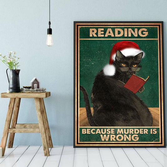 Personalized Photo Canvas Prints Gift for Cat Lovers Reading Because Murder Is Wrong Gift Vintage Home Wall Decor Canvas - Mostsuit